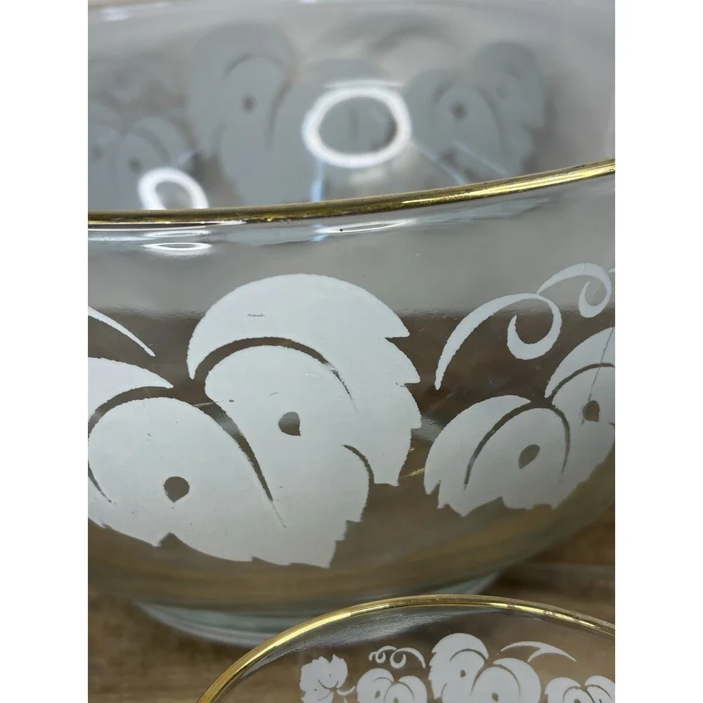 Vintage Anchor Hocking Glass Punch Bowl Grape Leaves Silver Rimmed 9 Piece